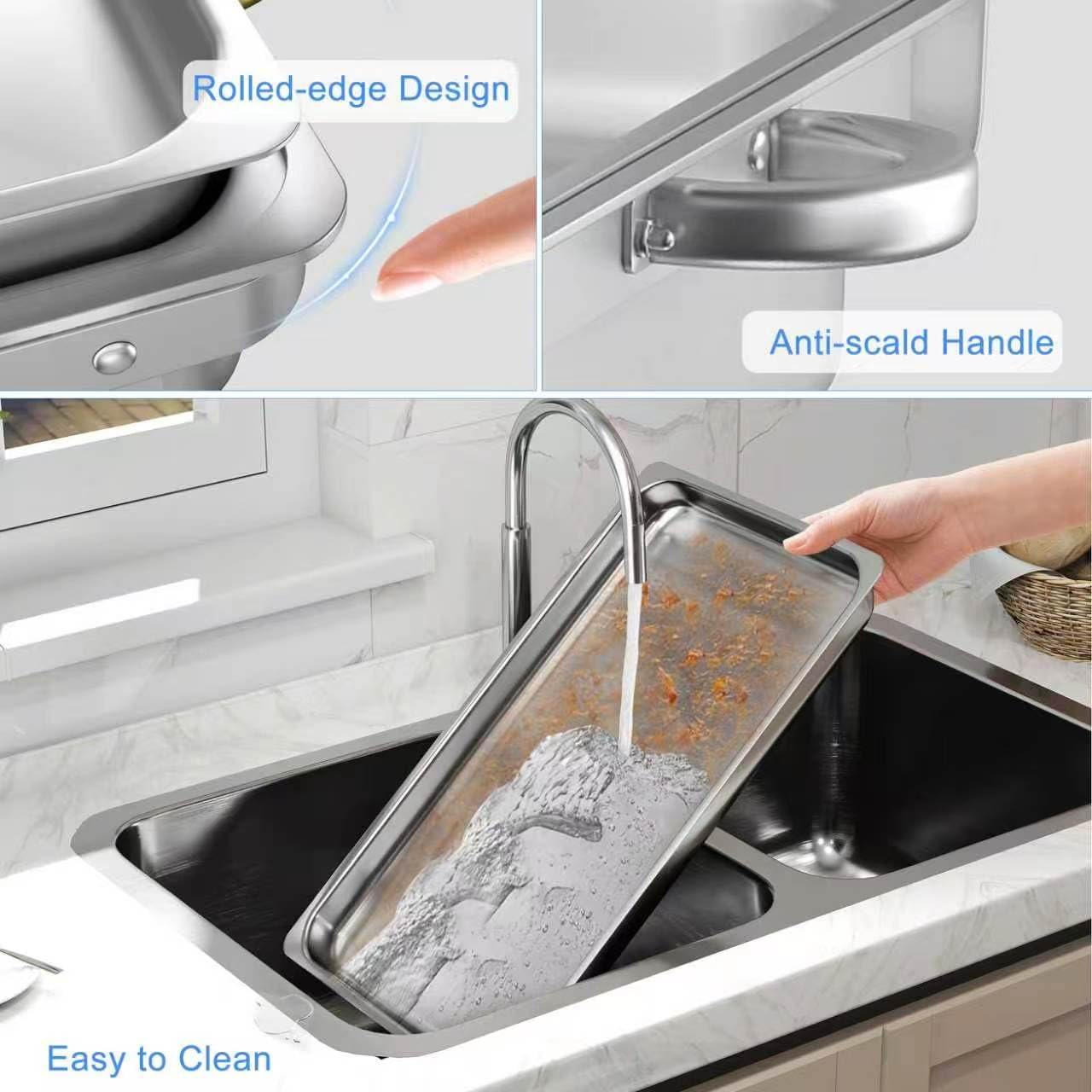HARDURA Lot de 4 plats à frire et buffet en acier inoxydable de 9,5 l, design anti-fuite et pliable, isolation de plus de 4 heures, pour serveurs de buffet et chaufferettes, idéal pour la restauration