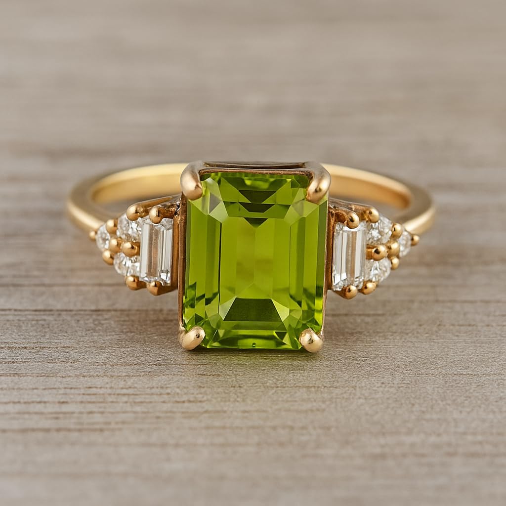 Emerald Cut Peridot Engagement Ring for Women 14K Yellow Gold Baguette Diamond Side Stone Ring Vibrant Green Gemstone Bridal Jewelry Gift