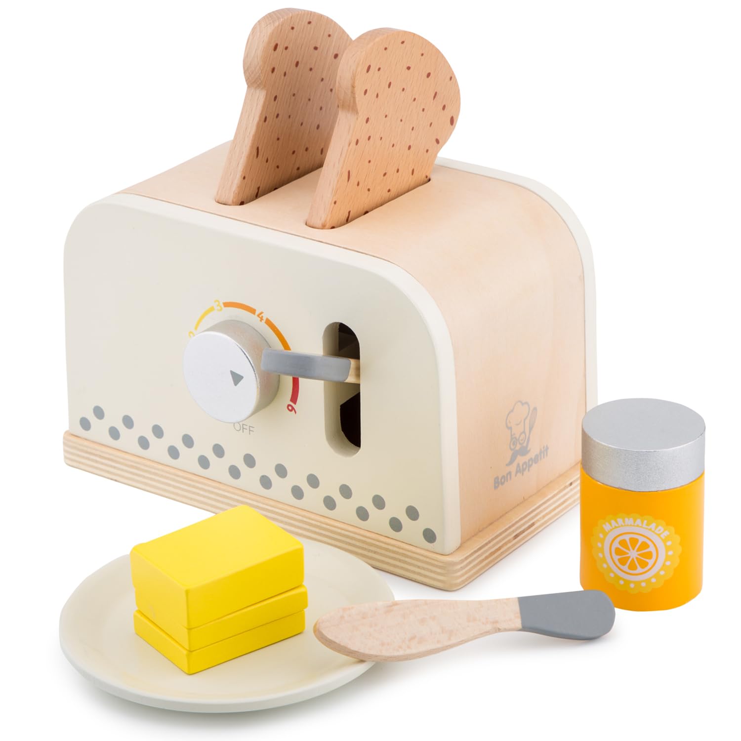 Woet® White Wooden Toy Toaster Set for Kids - Pretend Play Breakfast Toy - With Toast and Accessories - Age 3 Years+