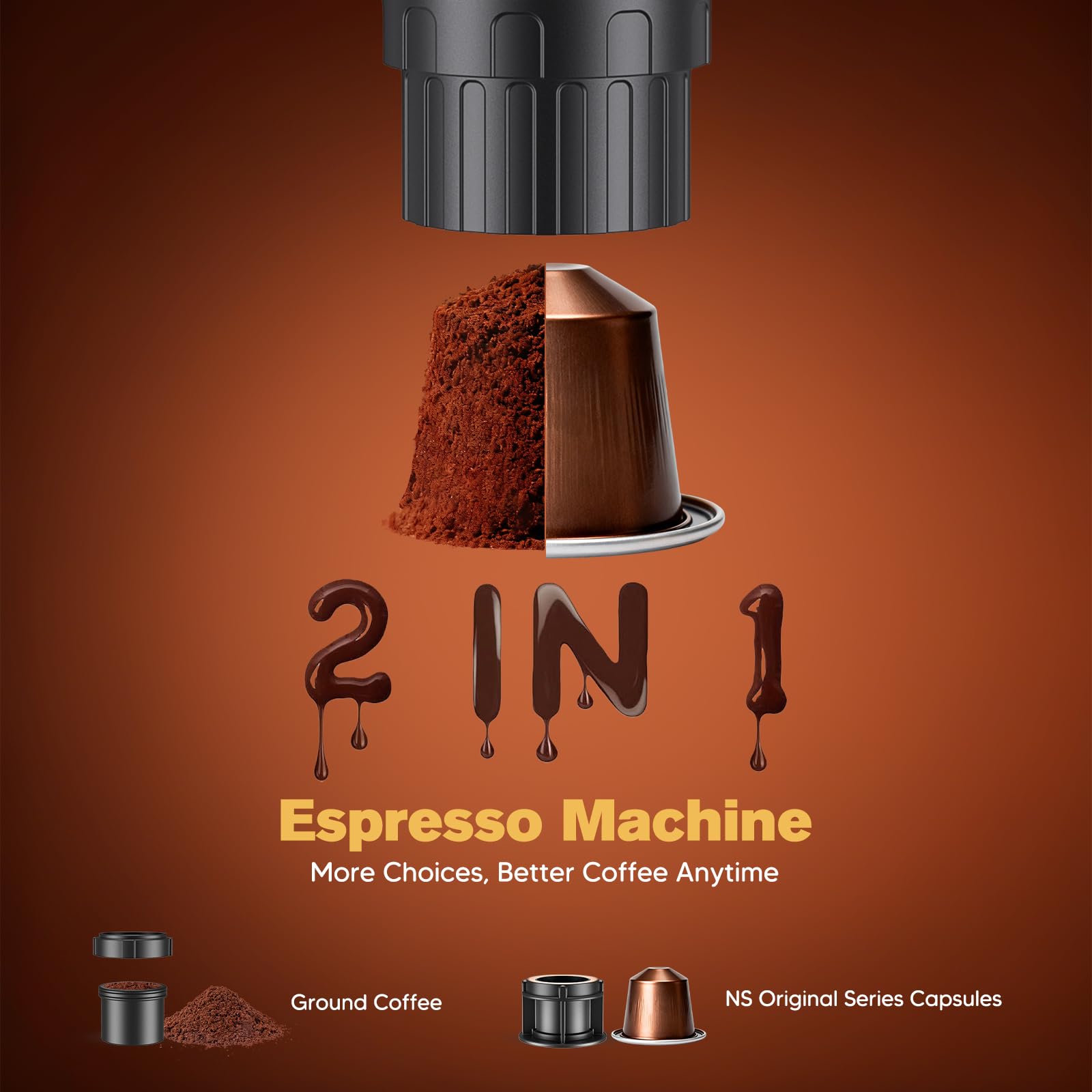 Macchina da caffè portatile 2 in 1 con batteria da 7650 mAh, pressione di 20 BAR, estrazione a caldo/freddo, per capsule e caffè macinato, portatile per ufficio, viaggi e campeggio (Grigio)