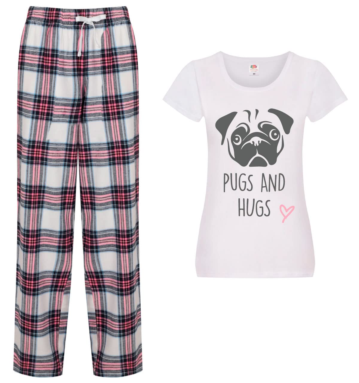 60 Second Makeover Limited Pugs And Hugs Pyjamas Ladies Tartan Trouser Bottoms Pyjama Dog Pyjamas Pink