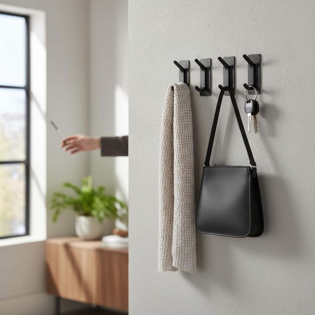 HOMEAND Adhesive Towel Hooks, 304 Stainless Steel Self Sticky Wall Hooks Waterproof Shower Hooks for Robe/Clothes, No Drilling Towel Hangers for Bathroom Kitchen Bedroom (Black, 4 Packs)