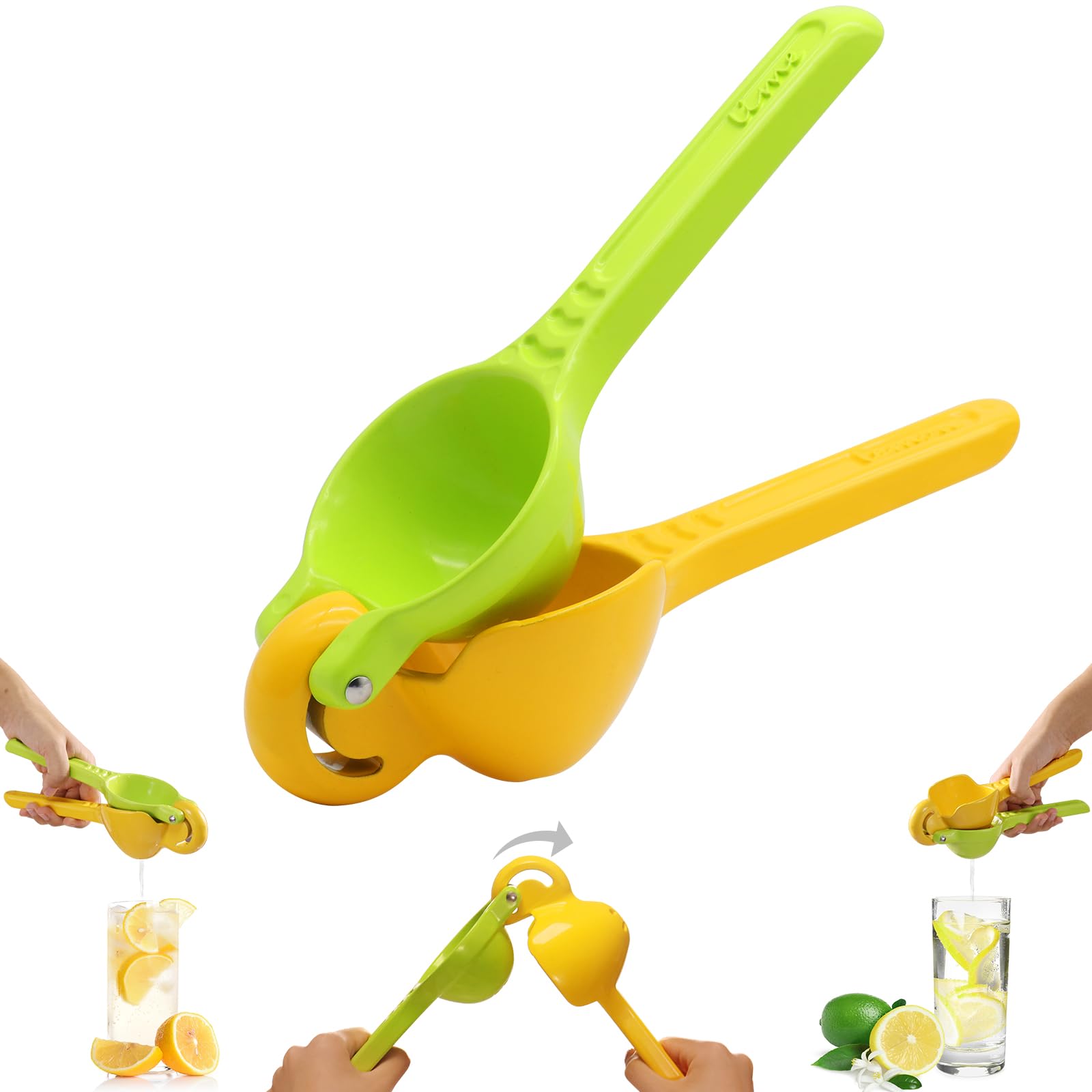 Jahao 360° Adjustable 2-in-1 Lemon Juicer Squeezer Manual Lime Squeezer Hand Press Double Size Juicer Citrus Squeezer Handheld, Large Heavy Duty Solid Fruit Presser for Orange Lemon Lime, Green Yellow