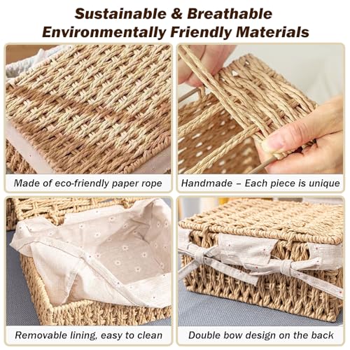 ZHYOPING Set of 3 Storage Baskets with Lids – Natural Paper Rope Storage Basket, 3 Sizes Woven Hamper Basket with Lining for Toys, Bathroom, Living Room, Bedroom – Boho Decorative Storage Solution - Cosy Home Interiors ZHYOPING Set of 3 Storage Baskets with Lids – Natural Paper Rope Storage Basket, 3 Sizes Woven Hamper Basket with Lining for Toys, Bathroom, Living Room, Bedroom – Boho Decorative Storage Solution - Image 3