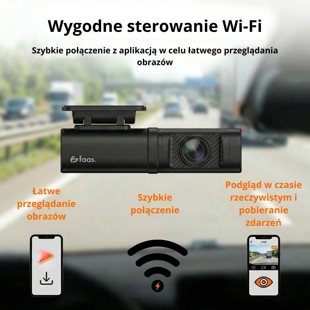 Faas Kamera samochodowa z przodu i z tyłu – podwójna kamera na deskę rozdzielczą 4K – 64 GB Micro-SD – czujnik G, tryb poklatkowy i noktowizor – tryb parkowania i nagrywanie w pętli – czarna