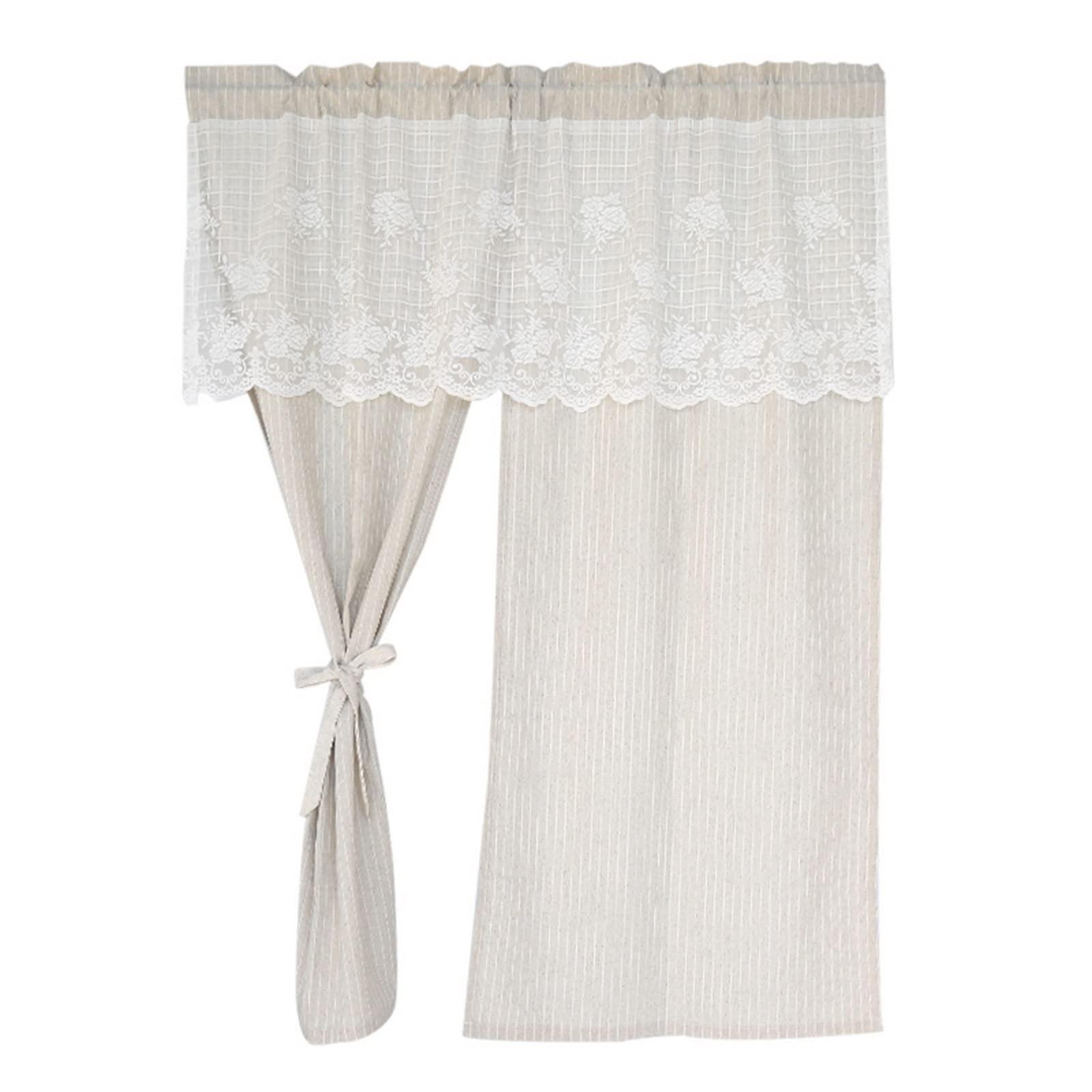 A.Monamour Gardine Scheibengardinen Kurzstores Blickdichte Baumwolle Beige Gestreift Mit Floraler Spitze Kurzvorhang Kurzgardinen Küchengardine Küche Vorhang Fenster Kurz Stores Bistrogardine