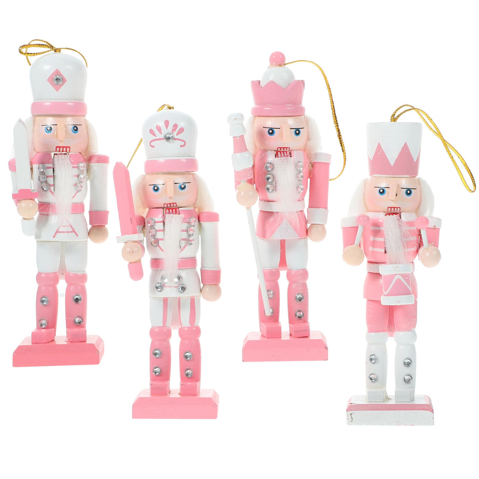 VOSAREA 4PCS Christmas Nutcracker Ornaments - Hanging Soldier Xmas Tree Wooden Figures With Ropes for Party Holiday Supply (12CM, Pink)