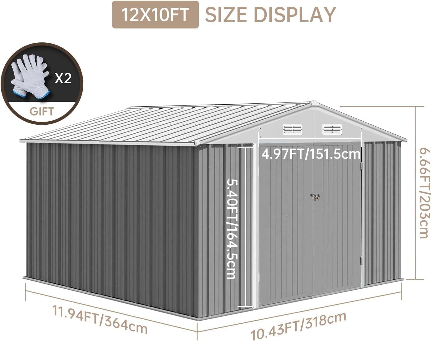 (incomplete) 12x10ft metal outdoor storage shed, galvanized steel garden tool shed with with lockable door & vents,waterproof all-weather utility tool shed for lawn mower, bike gray