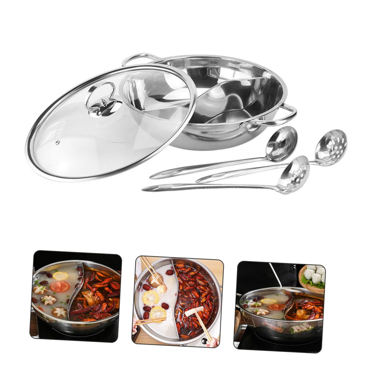 Didiseaon Olla Caliente Doble 32 Cm Acero Inoxidable Resistente Antióxido Utensilios Cocina Acero Inoxidable Menaje Hogar Set 4 Piezas para Cocina Asiática