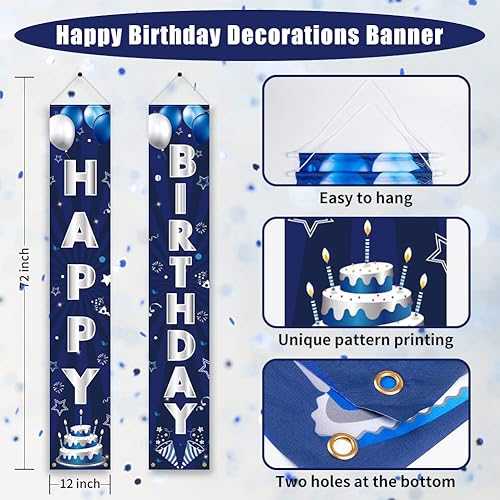 Miniatura 4 de Cartel de decoración de feliz cumpleaños para hombres, mujeres, niños y niñas, letrero de porche de cumpleaños azul y plateado, suministros de fondo