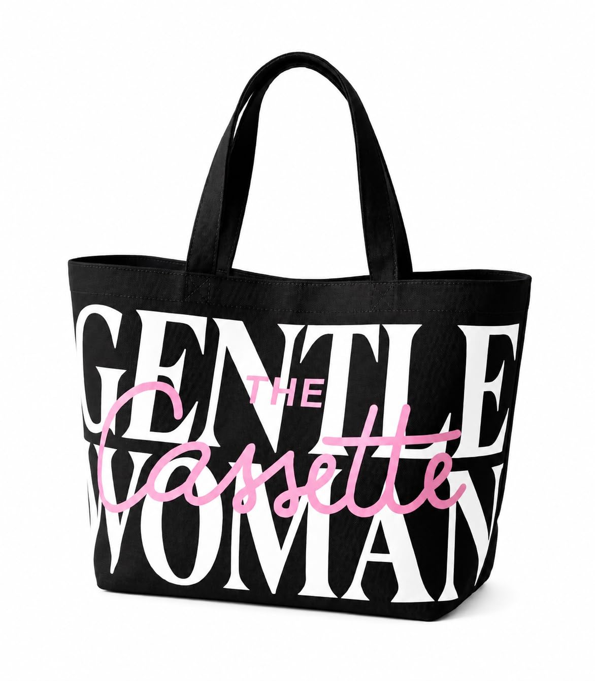 cassette canvas tote bag, black with printed design, zipper closure, 43 x 38 cm, large shoulder hand bag for shopping, college, travel