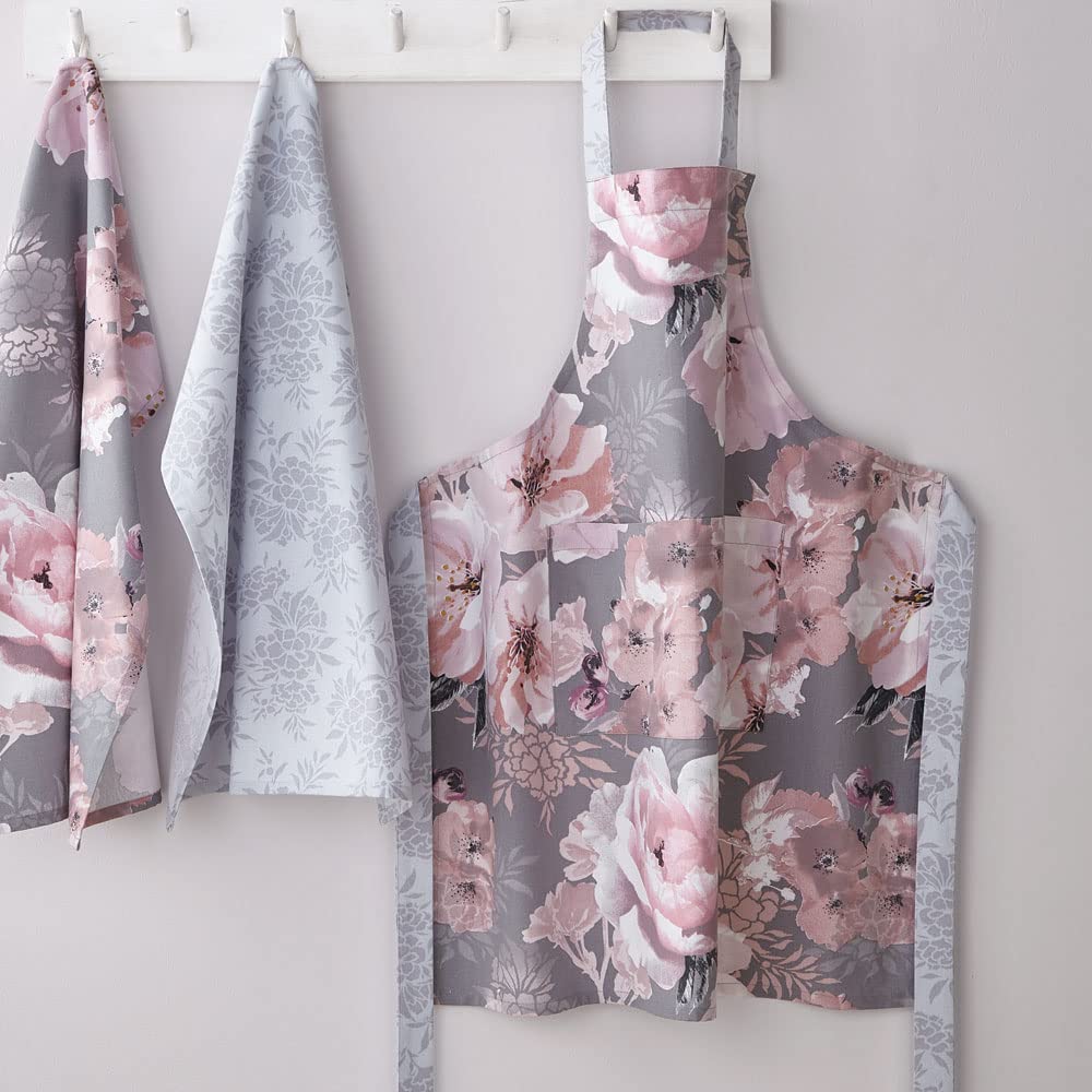 Catherine Lansfield Dramatic Floral Apron Grey KT/46659/W/APR/GY