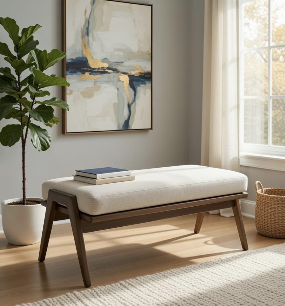 Image of Stool /Seat /Ottoman /Bench in Solid Sheesham Wood Stool with Cushion | Sitting Chair with Handle (Natural, 2++Seater)