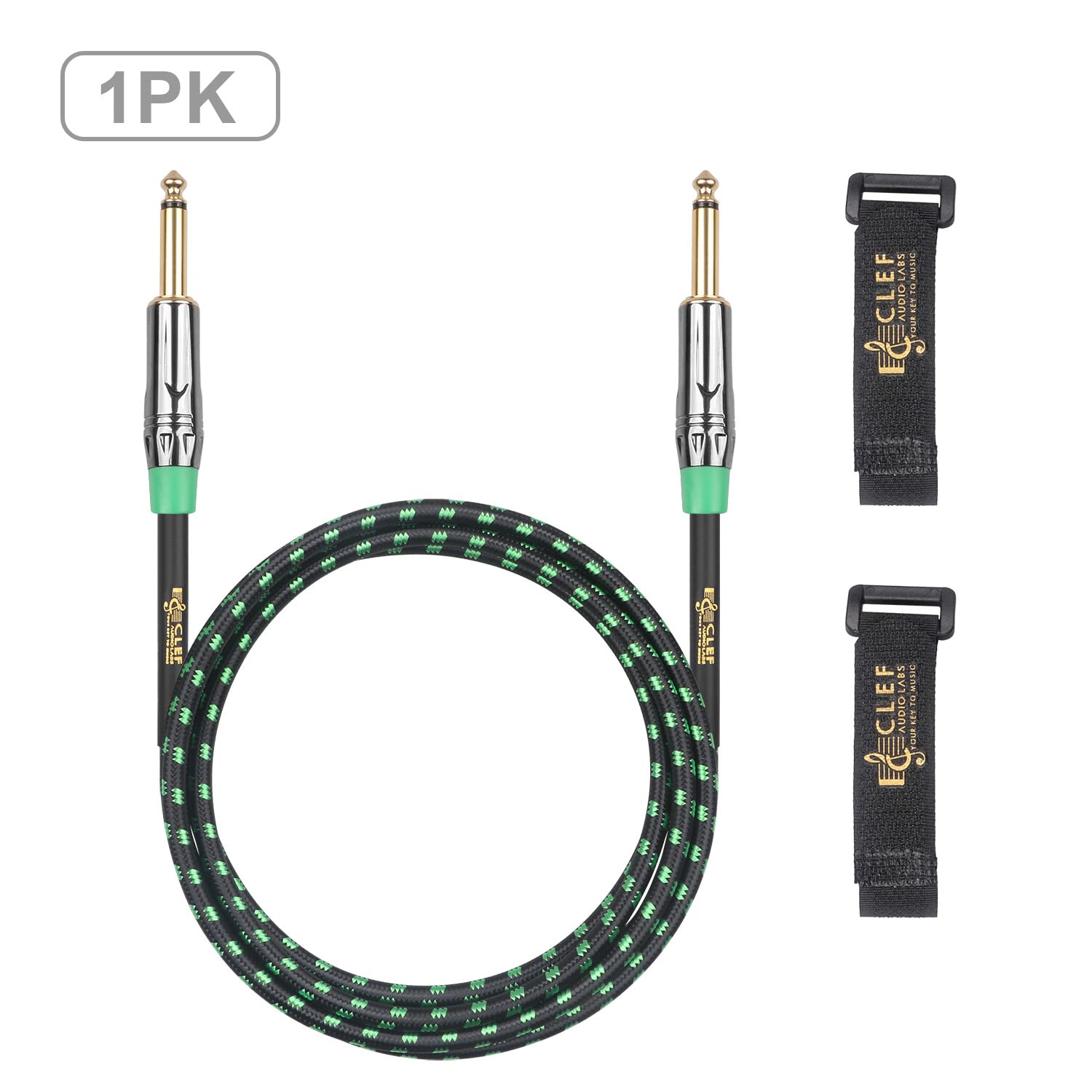 Clef Audio Labs Instrument Guitar Cable, 10ft Cord - 1/4 inch TS Straight to Straight for Electric bass Guitar AMP, 22AWG, Chrome Zinc Alloy Shell, Green Braided Jacket with 2 Adjustable Cable Straps