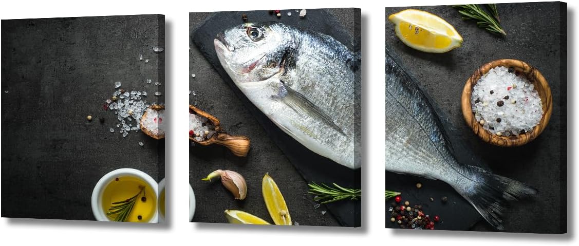 Fresh Fish Dorado Wall Art Dorado and Ingredients Home Decor Fresh Fish Bedroom Decor 3 Piece Wall Decoration for Living Room Office Bedroom Posters & Prints Framed Ready to Hang (12x16 inch x3)