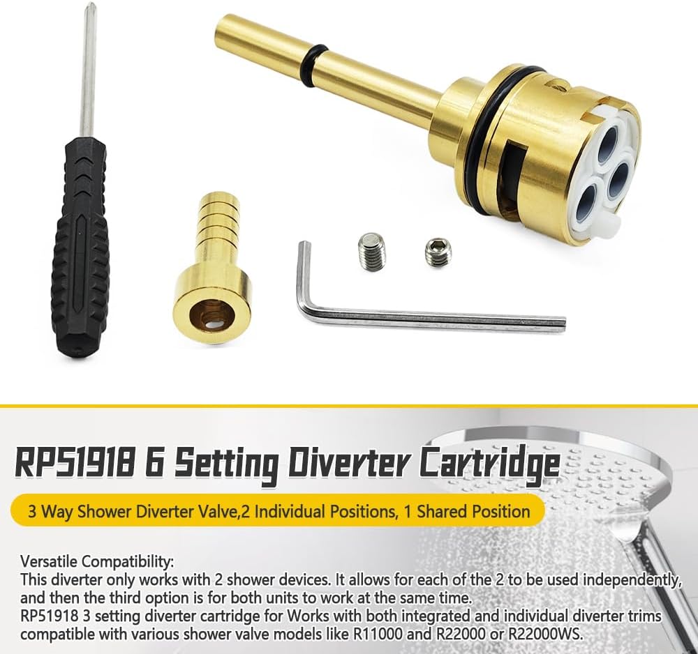 3-Setting Diverter Cartridge Replace RP51918, Shower Diverter Repair Kit Compatible with R11000 R22000 Faucet Valve, 1-Shared Position 2 Individual Position Brass