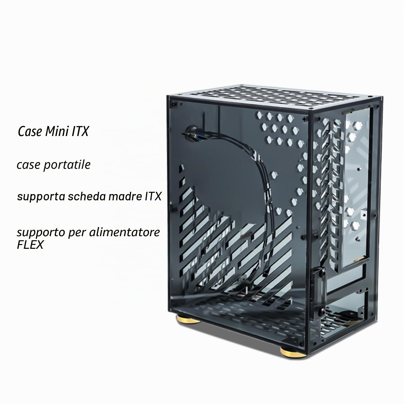 Mini-ITX Case Computer, Alloggiamento PC con Pannello Acrilico Trasparente, Raffreddamento a 360 Gradi, Cuscinetti Ammortizzati per Flex 1U Power 170 X 170 MM Scheda Madre, SSD da 2,5 Pollici 4,3L