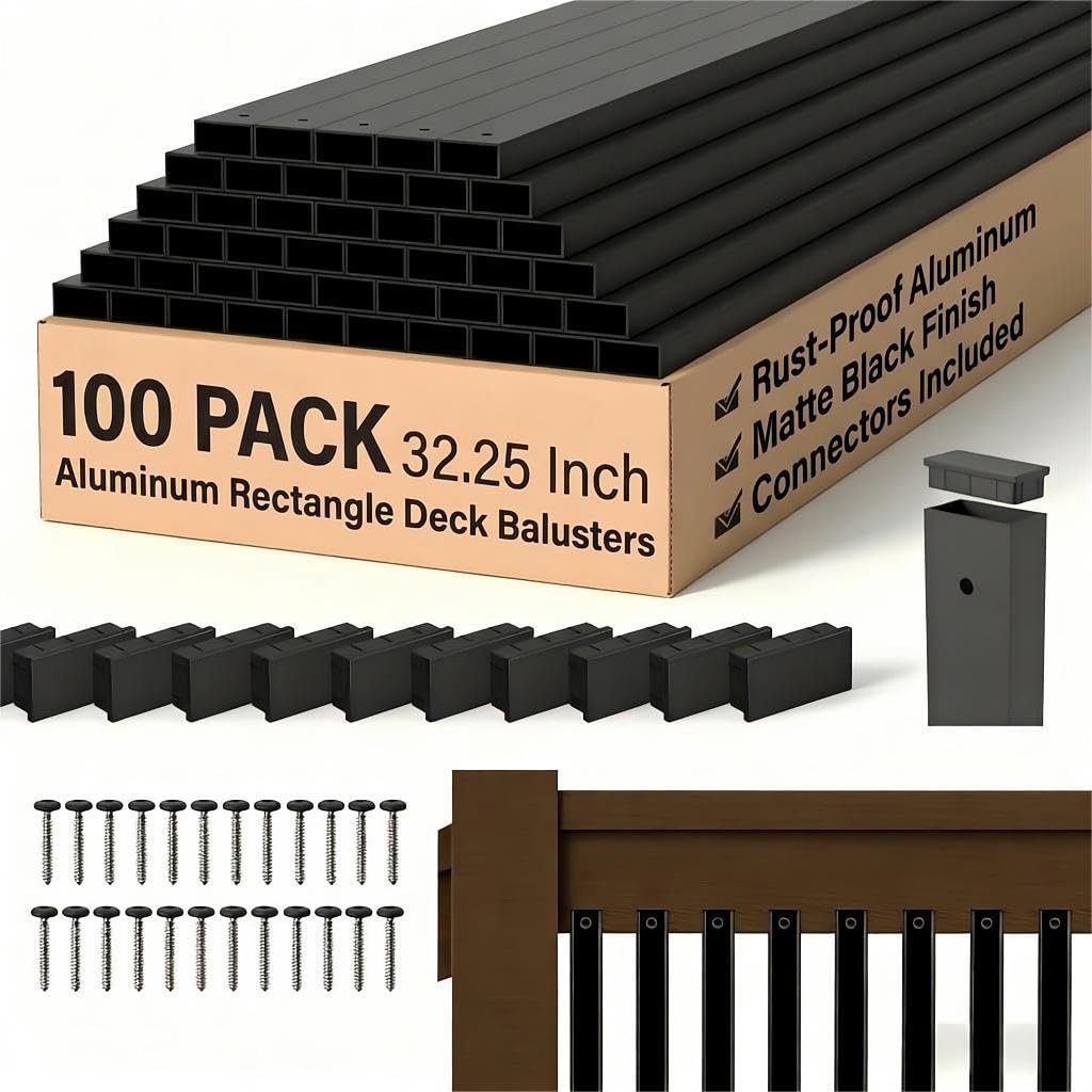 100 Pack 32.25" Black Aluminum Rectangle Deck Balusters with End Caps&Stainless Screws-Upgraded Metal Railing Spindles Kit for Decks,Porch Railings,Stairs/Staircase&Outdoor Replacement(Face Mount)
