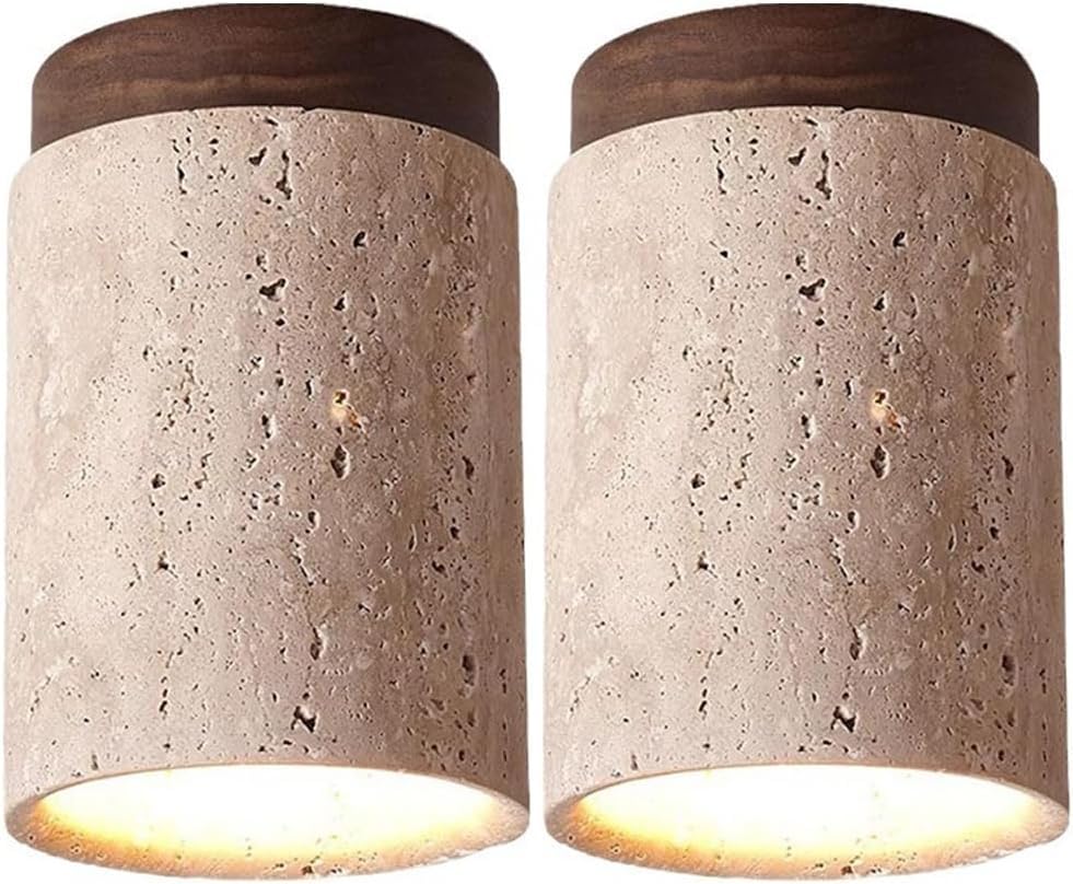 Modern Stone Ceiling Light 6.3" Round Ceiling Lamp With Wooden Base E27 Close To Ceiling Light With Stone Shade For Living Room Bedroom Hallway Balcony Cafe, Walnut, 2-Pack