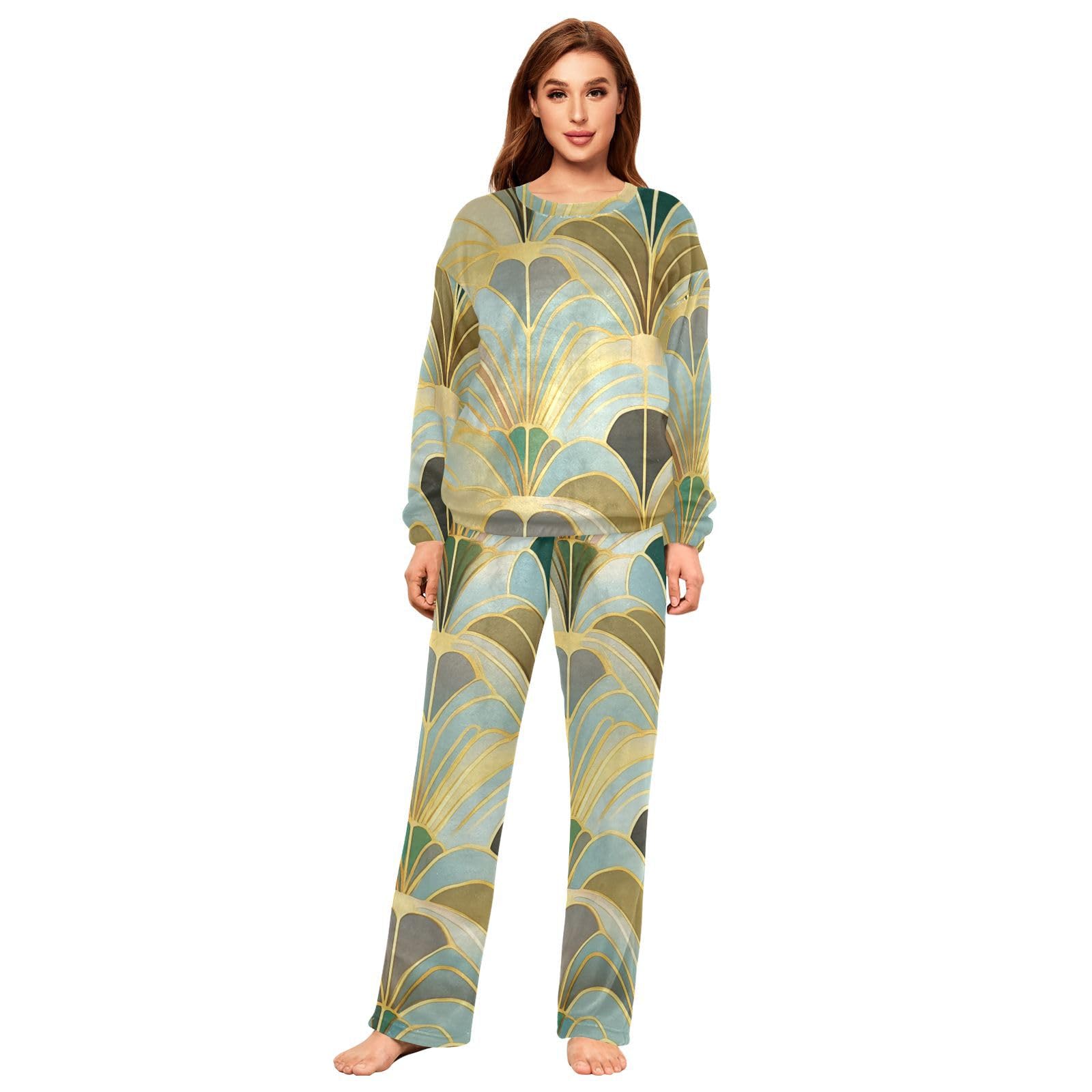Set pigiama da donna in pile morbido astratto verde astratto set manica lunga girocollo Pj set