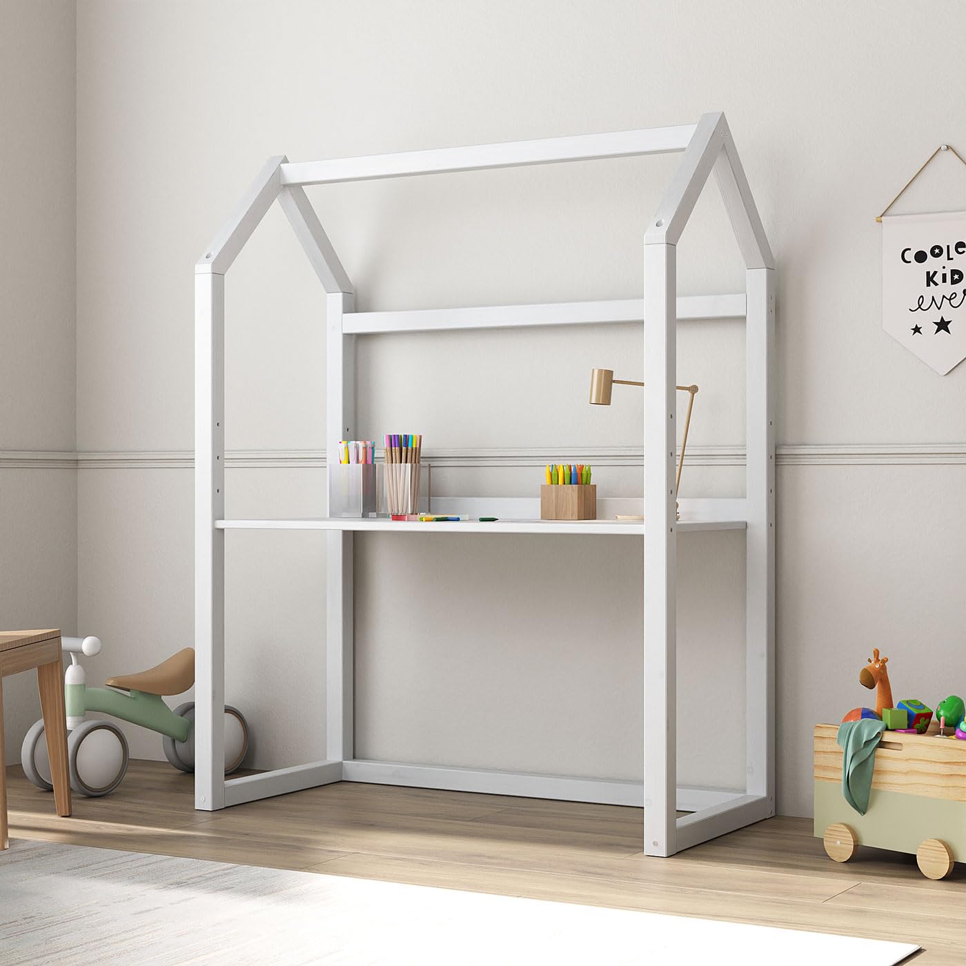 IDIMEX Kinderschreibtisch Tina in Hausform, weiß - höhenverstellbarer Schreibtisch für Kinderzimmer, mitwachsend und individuell anpassbar, aus Kiefer Massivholz