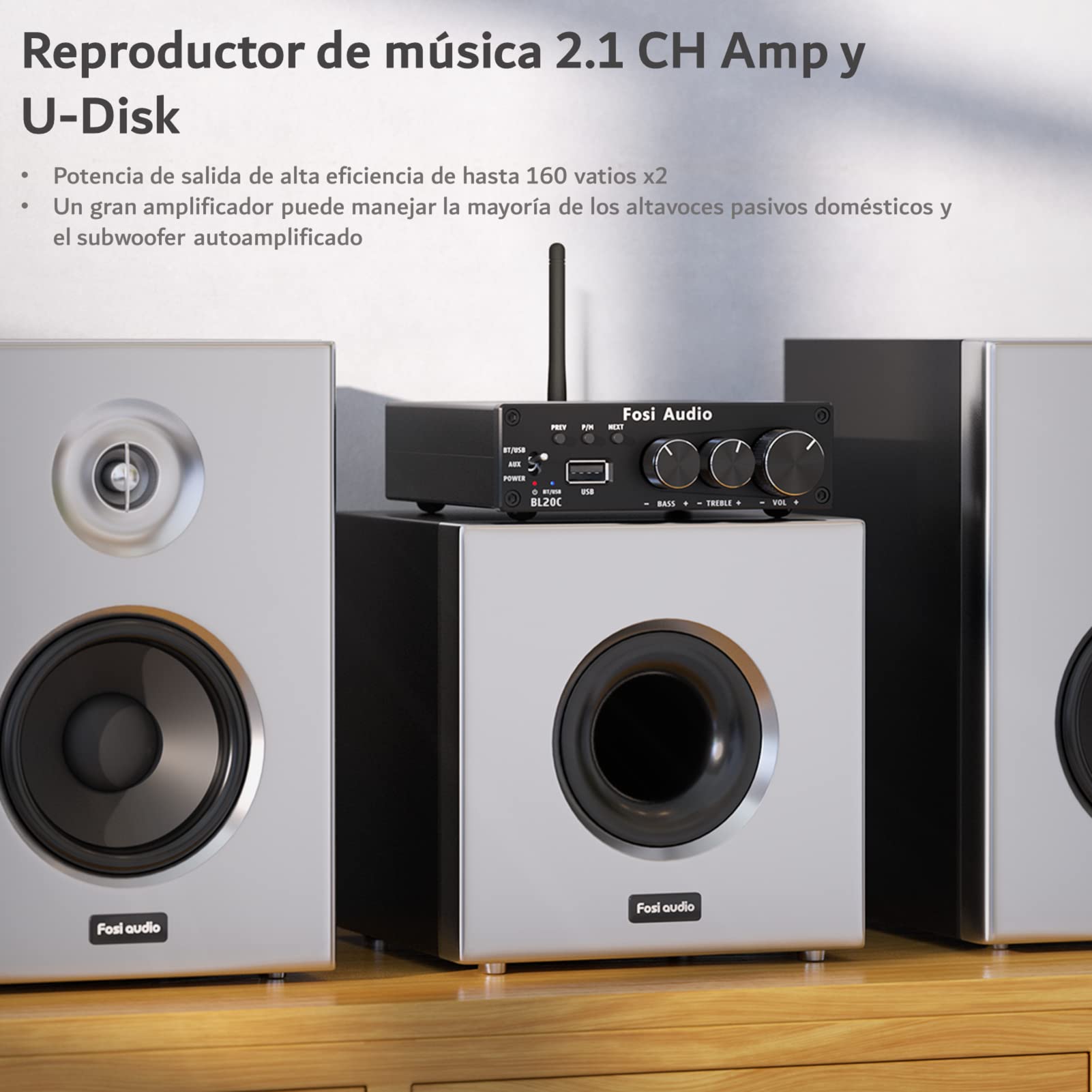 Fosi Audio BL20C Amplificador Receptor con Bluetooth 160W X2, Audio Estéreo 5.0, Reproductor U-Disk con Amplificador de Alta Resolución de 2.1 Canales, Altavoces Pasivos y Subwoofer Activo