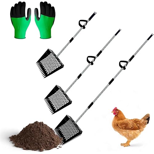 Metal Chicken Poop Scoop & Rake with Gloves - 62" Adjustable Back-Saving Handle, Stainless Steel Litter Sifter Scoop, Chicken Scooper for Poop Coops, Sand, Garden Soil & Farm Animals