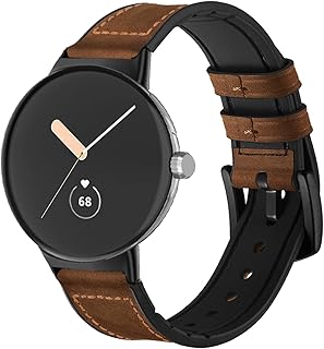 Abanen Leather Bands for Google Pixel Watch, Genuine Leather Hybrid Silicone Sweatproof Wristband Strap with Stainless Steel Clasp (Brown)