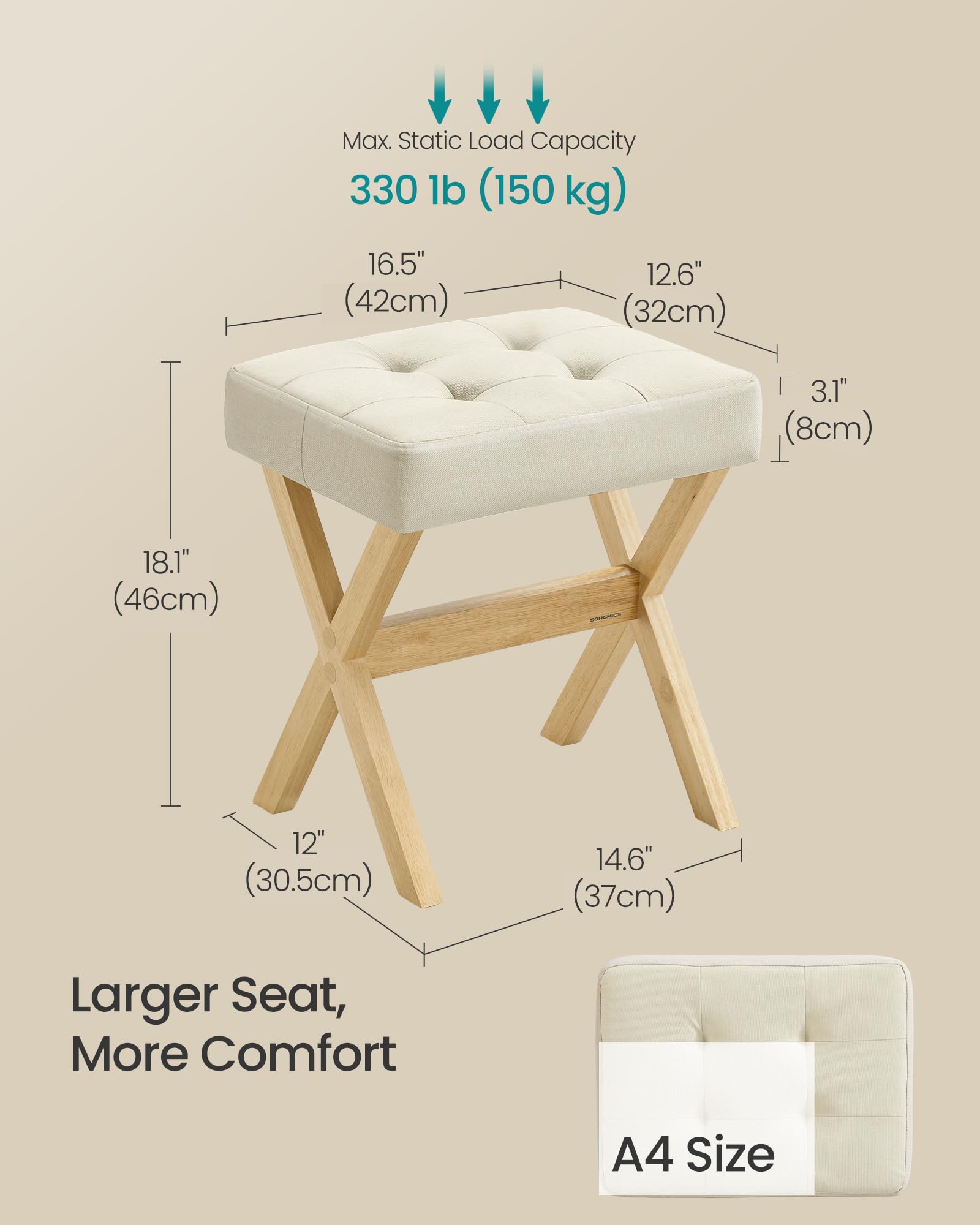 SONGMICS Makeup Stool, Padded Vanity Stool, Foot Rest, Solid Wood X Legs, for Bedroom, Closet, Entryway, 12.6 x 16.5 x 18.1 Inches, Summer Sand and Natural Beige ULSF006LF02 - 2