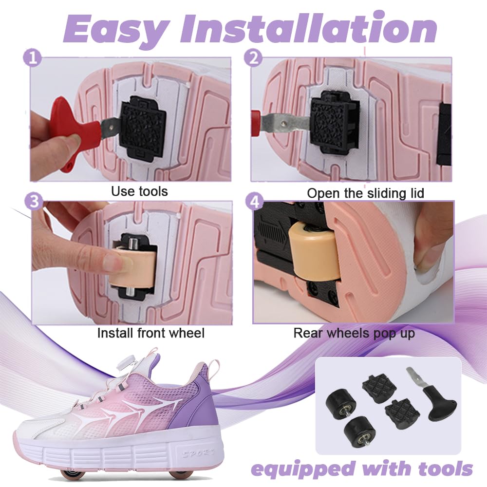 Mateju Schuhe mit Rollen für Jungen Mädchen Mode Kinder Rollschuhe mit Doppelt Rollen Versenkbarer 2-in-1Jugend Outdoor Sportschuhe Roller Schuhe Turnschuhe Skateboardschuhe