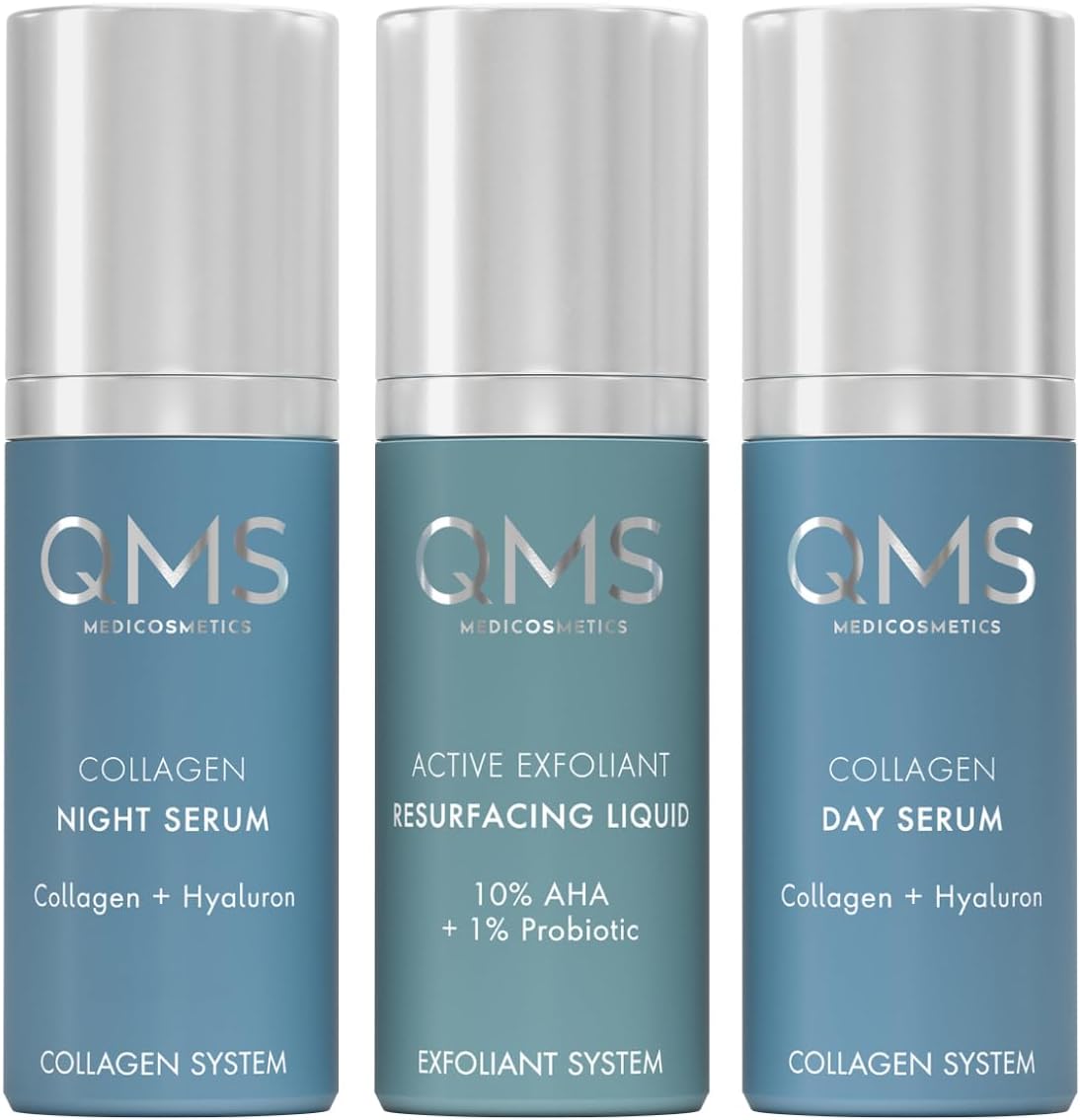 QMS Medicosmetics Day + Night 3-Step Core Routine – Includes Collagen Day Serum, Collagen Night Serum + 10% AHA Exfoliant Resurfacing Liquid – Diminishes Lines + Wrinkles + Reduces Signs of Aging