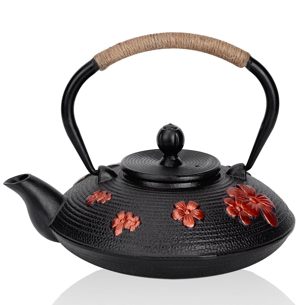 Tea Kettle, 0.8 L Cast iron Kettle, Red Oriental Cherry Pattern Tea Strainer Tea Pot Straight Hook Spout, Water Kettle Black, Cast iron Teapot Japan For Home