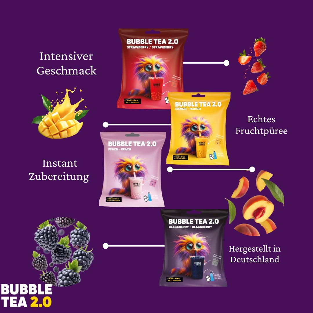 Bubble Tea 2.0 Party Set Erdbeere Pfirsich Mango Brombeere 10x Instant Bubble Tea mit Becher Deckel Strohhalme