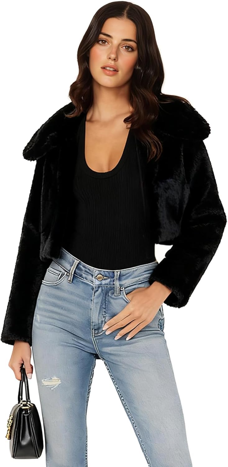 Women's Cropped Faux Fur Jacket Winter Shaggy Open Front Coat with Notch Lapel Pockets Warm Fuzzy Outerwear - Image 3