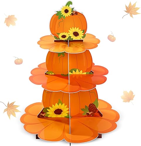 Miniatura 1 de Zopeal Soporte para cupcakes de calabaza de otoño de 3 niveles, soporte de cartón escalonado para tartas naranjas, soporte para postres florales de
