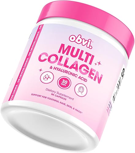 Obvi Suplemento de colágeno múltiple con ácido hialurónico | Cuidado de la piel, cabello, uñas, apoyo articular para mujeres, salud intestinal |