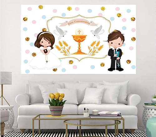 Miniatura 4 de Fondo de fotos de primera comunión para niños y niñas, vinilo con texto en inglés God Bless My Bautismo (7 x 5 pies)