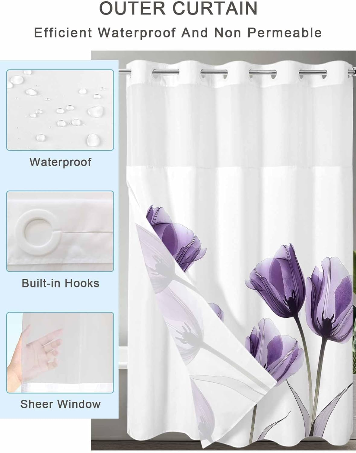 Tulip Purple No Hook Shower Curtains with Detachable Snap-in Liner Set, Waterproof Hotel Style Bathroom Shower Curtain, Spring Floral Elegant Botanical Mesh Top Window Bath Curtains 72''x78''