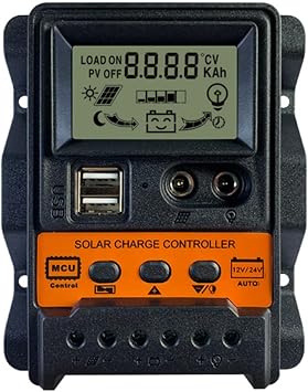 30A Solar Charge Controller 12V24V Solar Panel Battery Controller Regulator Auto 2 USB LCD Display Load Discharger, Black