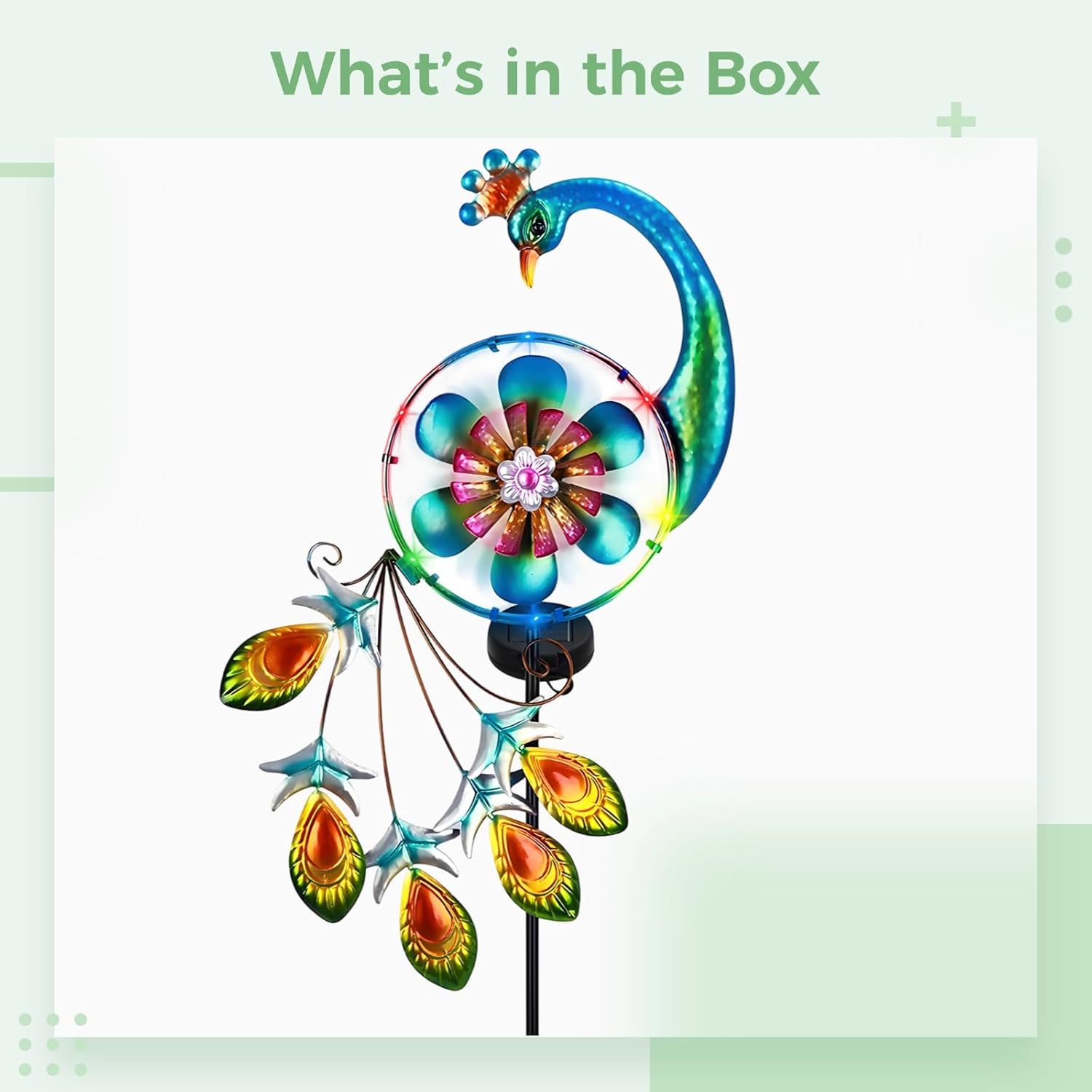 Metal Wind Spinner Peacock Windmill with Jewel Accents, Solar Kinetic Art Decor, Multicolor Stake Light for Lawn, Garden and Yard