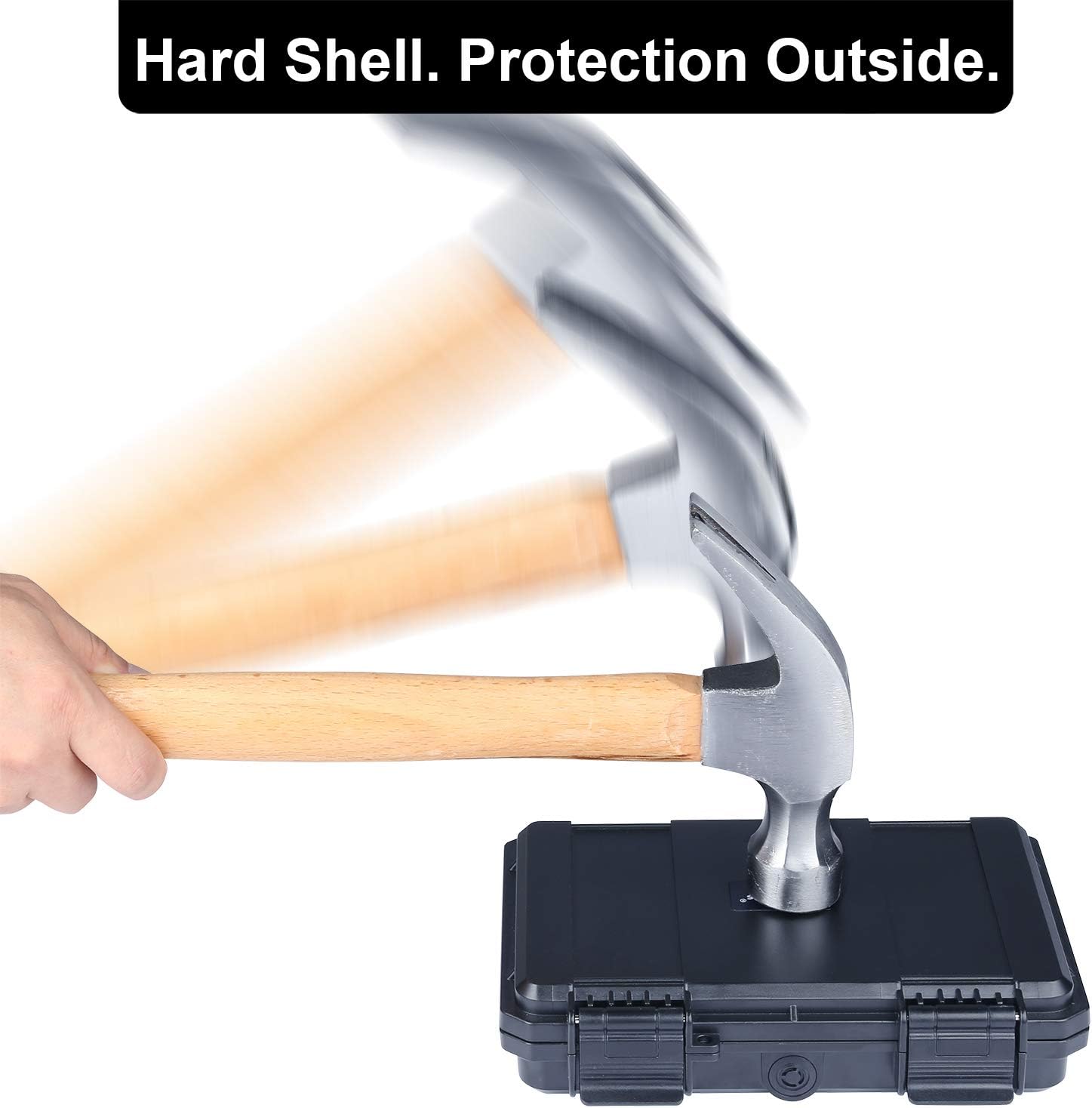 Image showing a hammer striking the Lykus HC-1810 case, demonstrating its hard shell durability.