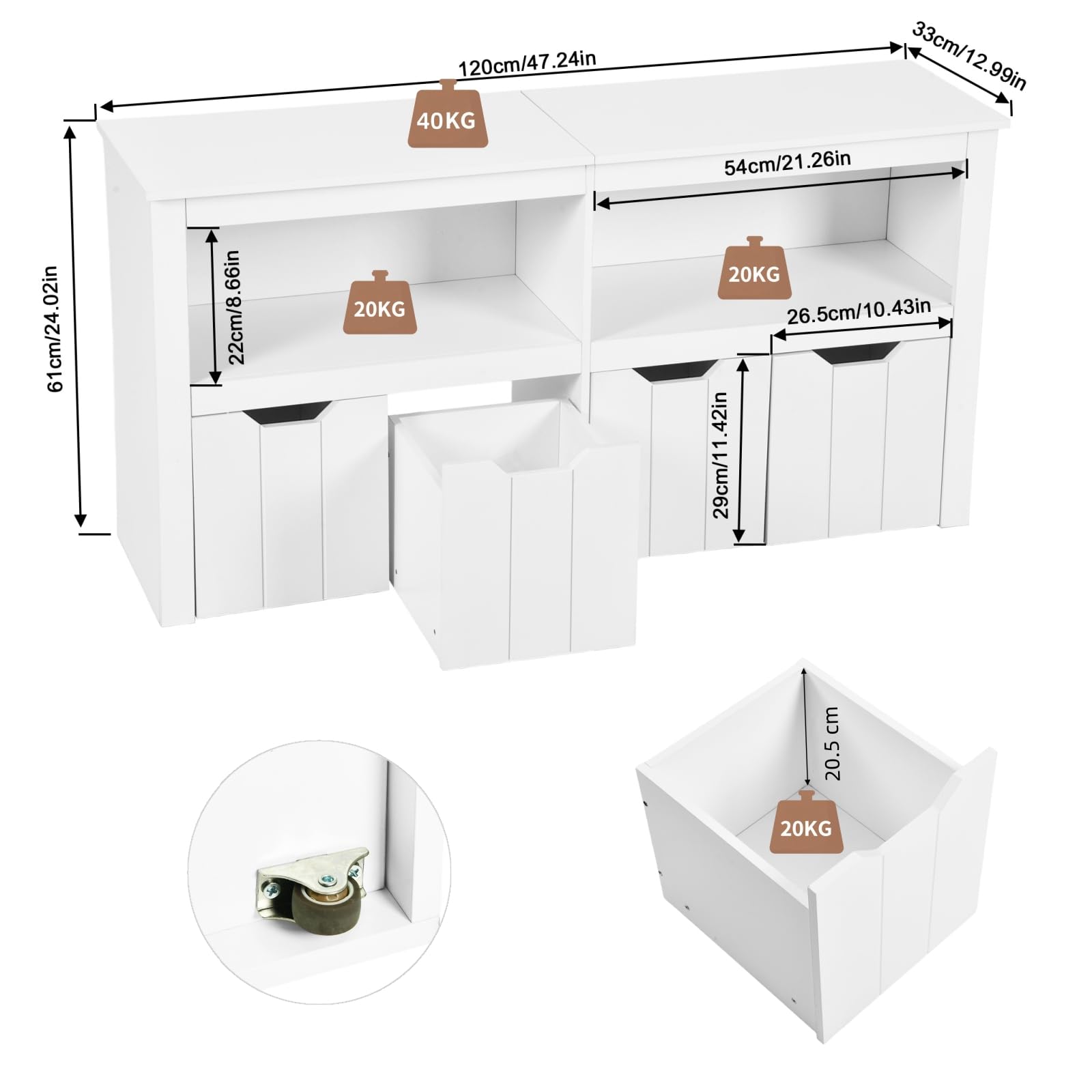 Meuble Rangement Enfant avec 2 Compartiments et 4 Tiroirs Roulants, Meuble de Rangement Jouets Enfant Bibliothèque pour Salon Chambre d’Enfant Salle de Jeu (Blanc, 120 x 33 x 61.5 cm)