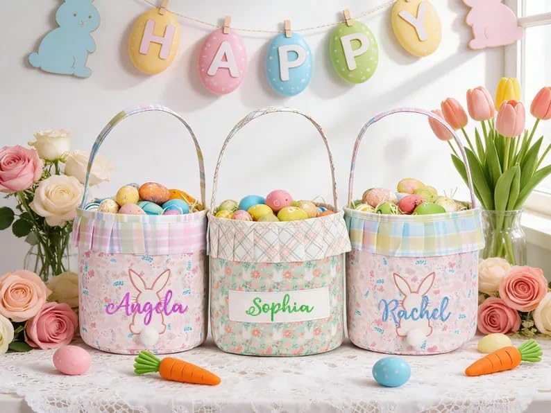 Personalized Easter Basket with Name For Kids, Custom Embroidered Floral Bunny Storage Bucket, Egg Hunting Bags for Toddler Boy Girls, Cotton Rabbit Party Tote, Decorative Newborn Baby Birthday Gifts - Image 6
