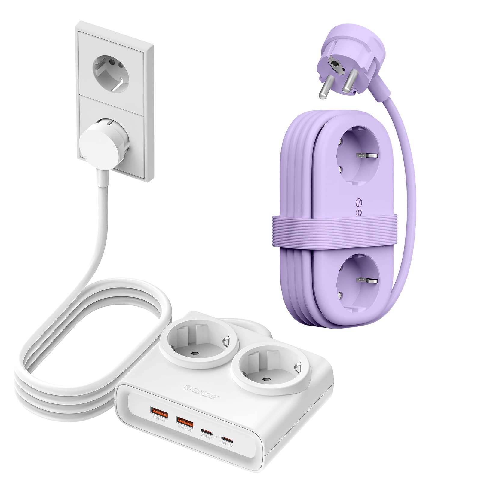 ORICO Weiß+ Lila Mehrfachsteckdose mit USB C, Ladeanschlüssen Kompatibel für das Home Office auf dem Schiff (AP3-2A2U1C + PDC-2A2U2C)