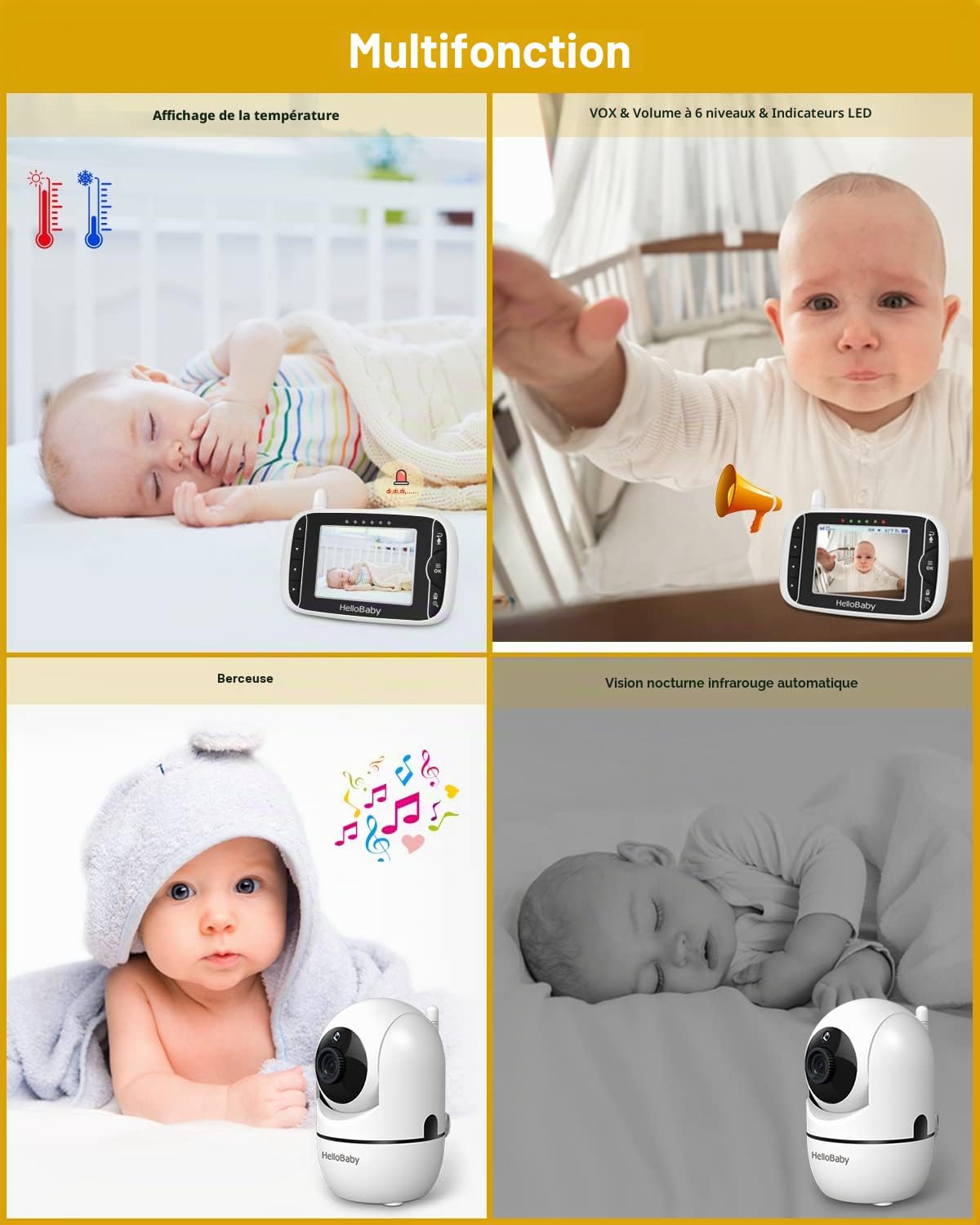 HelloBaby Moniteur bébé Hello Baby avec caméra et audio, écran LCD de 8,1 cm, rotation à 355° horizontalement et 120° verticalement, mode ECO, audio bidirectionnel, vision nocturne, surveillance de la