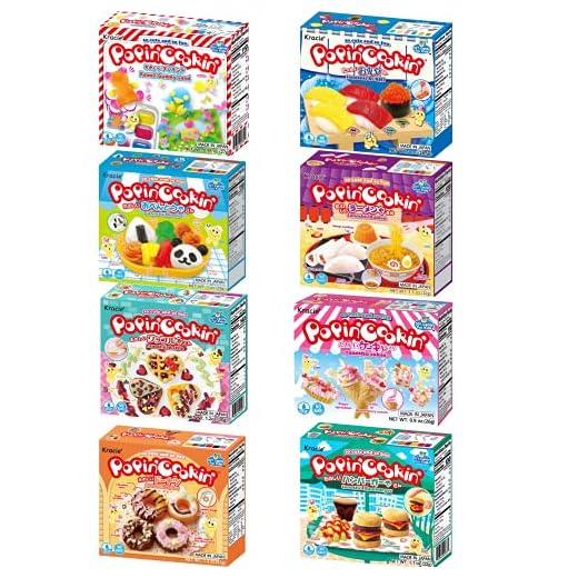 Kracie Popin Cookin DIY Candy Making Kit with English Instructions, Assorted Variety Set, Multiple Packs Tanoshii Bento, Ramen and Waffle, Cakes, Sushi and Donuts, Hamburger, and Kawaii Gummy Land, Perfect For Kids (Pack of 8)