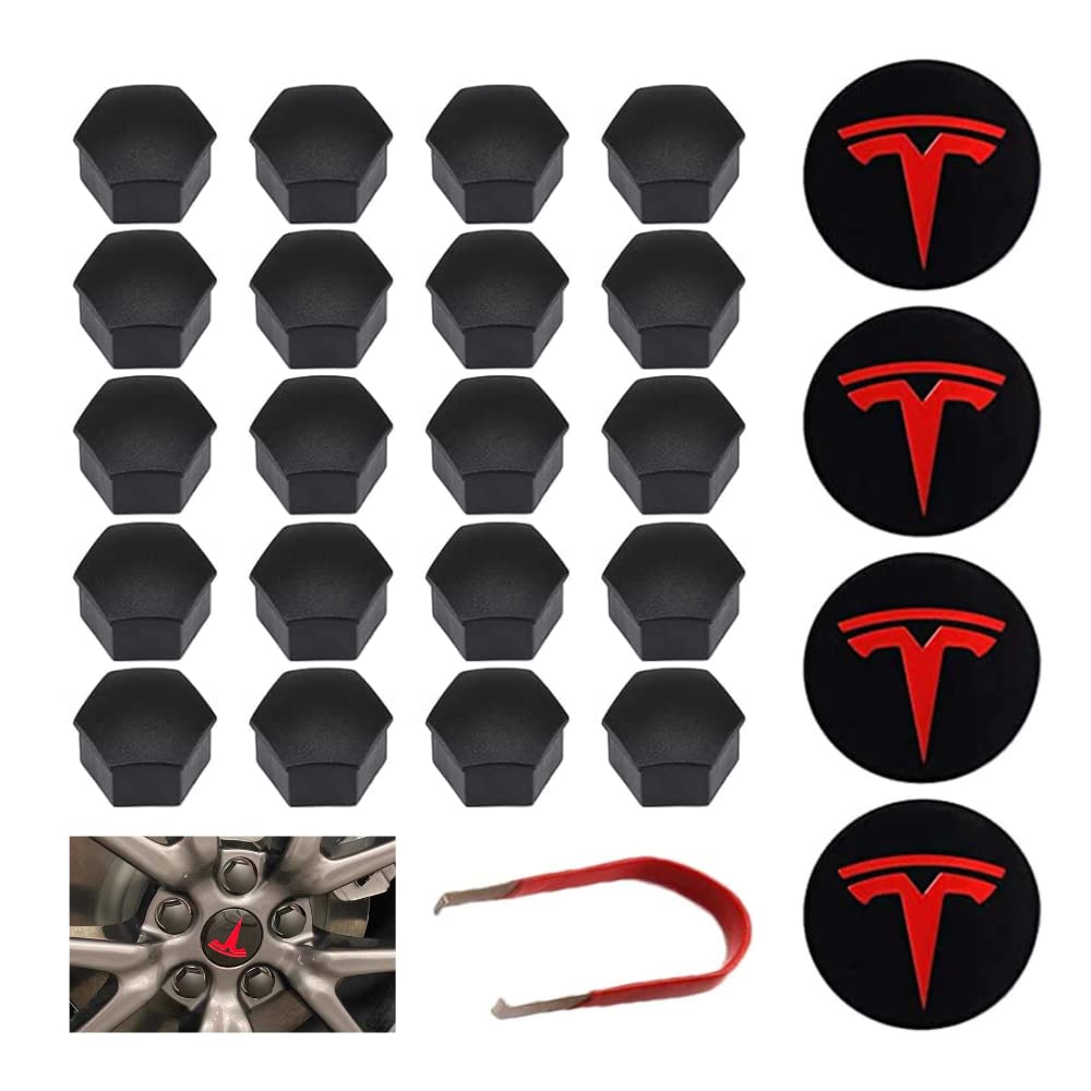 Set Coprimozzo e Copridadi Ruota Magic Select, compatibile con TESLA Model 3 Car. Kit Coprimozzo e Tappi Dadi Ruota Cerchione. (4 coprimozzi + 20 pezzi di cappuccio dado ruota)