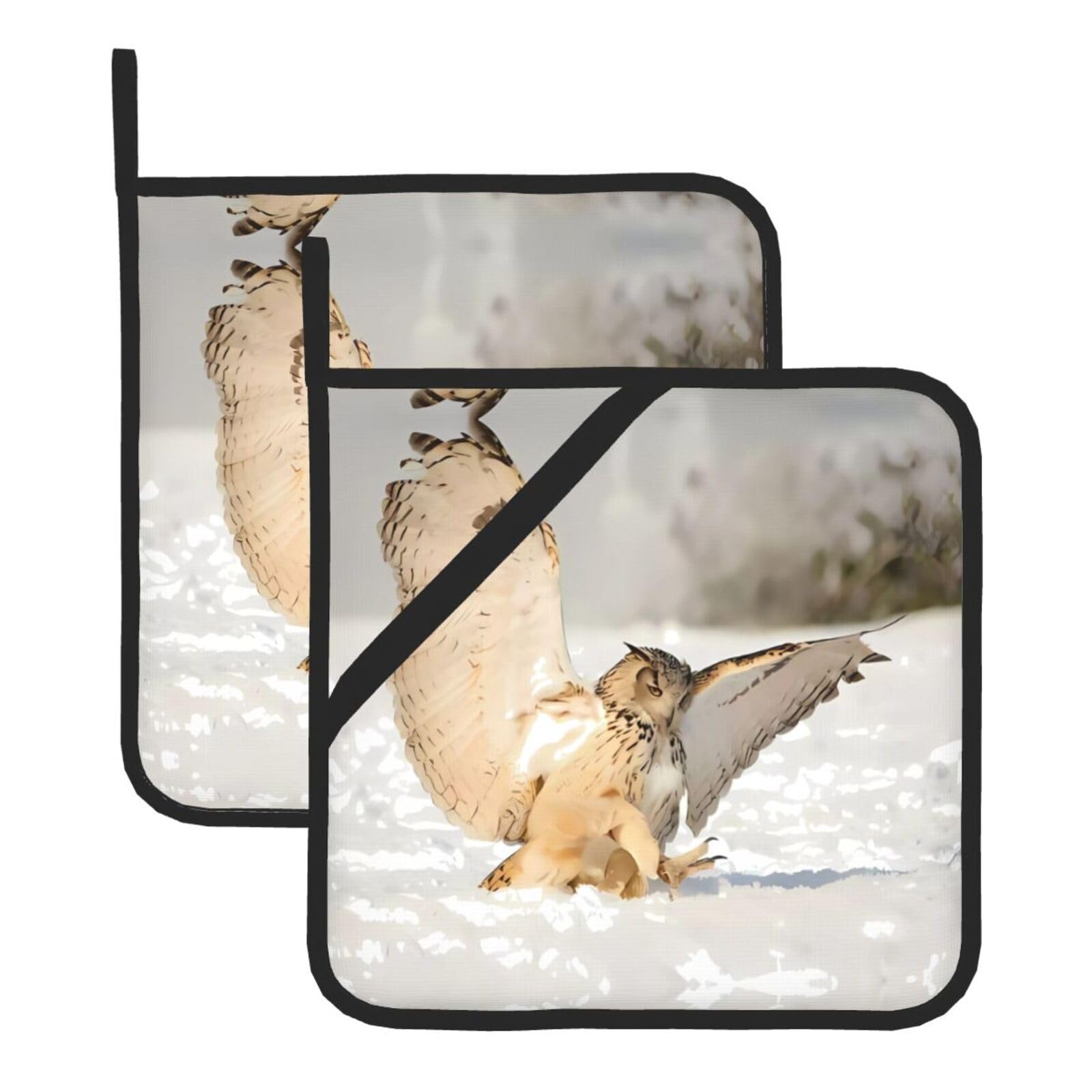 WHJDPP Flying Owl Prints Square Hot Pads for Kitchen - Waterproof Pot Holders Set of 2, Durable Trivets with Pocket & Hanging Loop for Hot Dishes & Oven Use