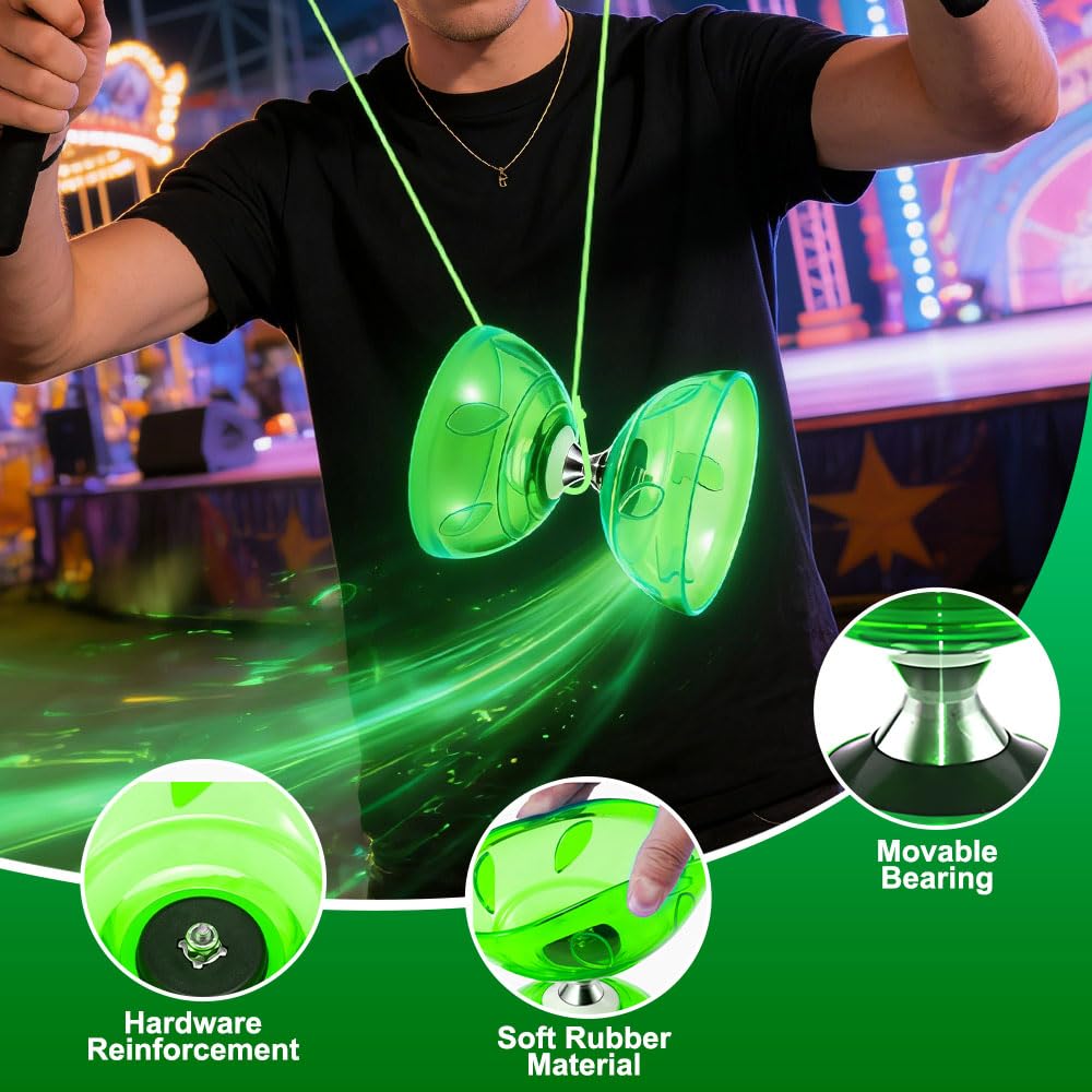 Diábolo con Rodamiento LED, Diábolo con Rodamientos de Bolas, Juego de Malabares de Goma Suave Transparente con Cuerda de Repuesto y Bolsa, Deportes de Ocio para Principiantes, Verde