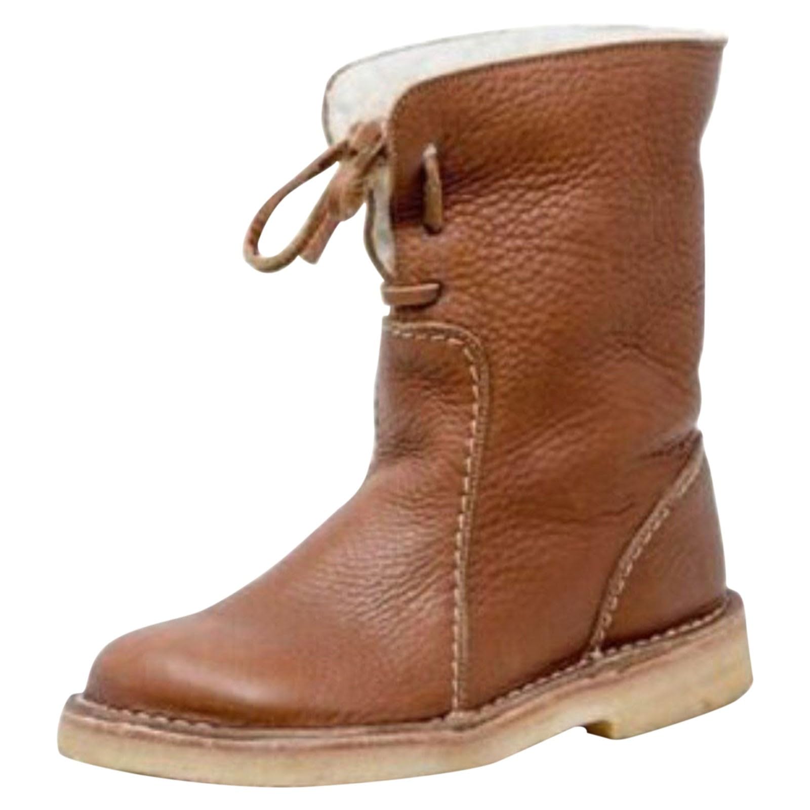 Womens Leather Snow Boots Tie up Round Toe Thicken Fleece Lined Warm Winter Comfortable Short Booties